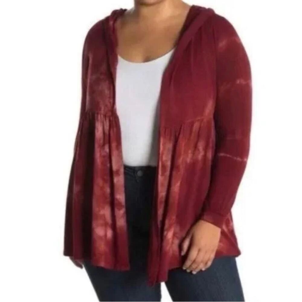 BAEA Mahogany Tie Dye French Terry Open Front Hooded Cardigan Duster